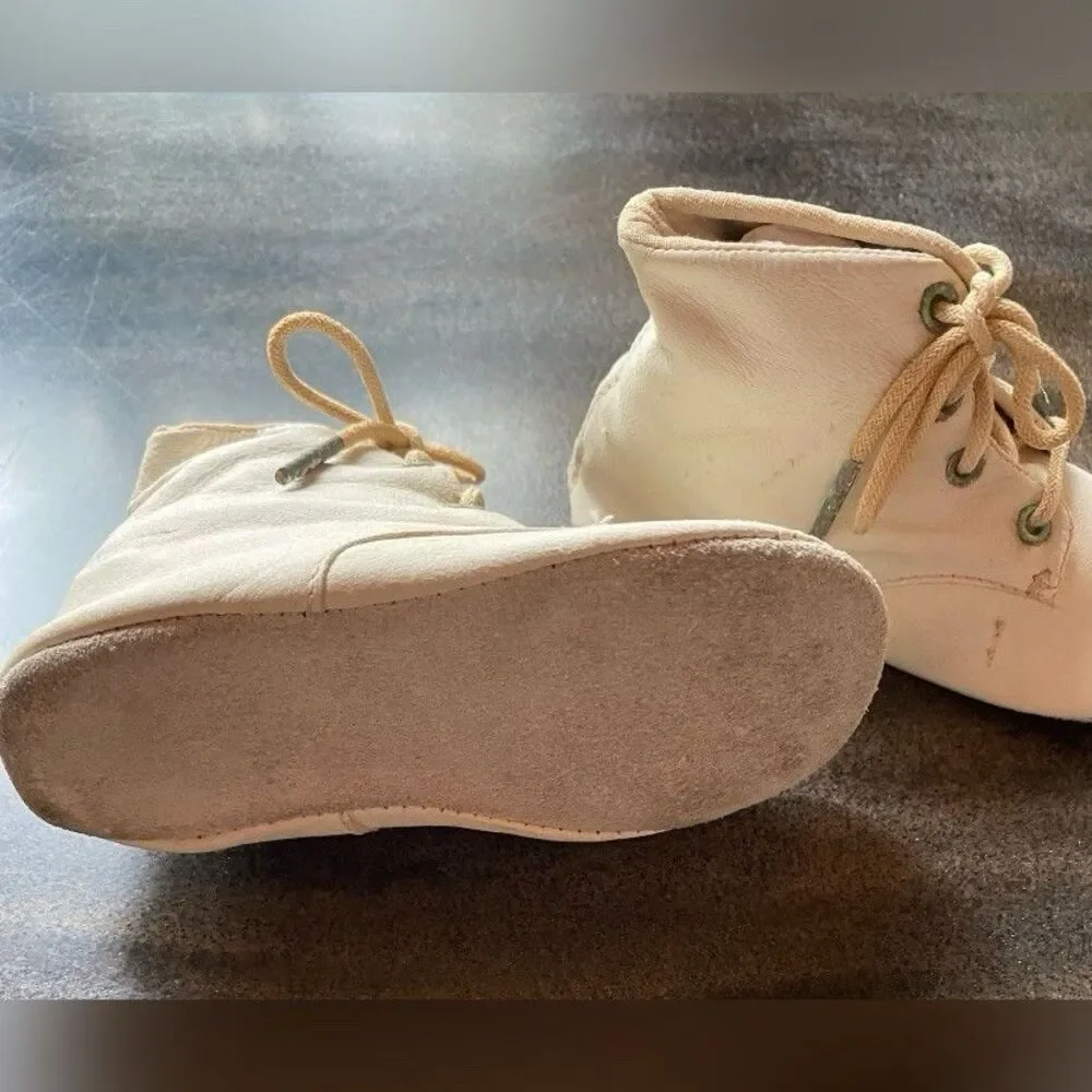 Antique Vintage Baby Girl Shoes White Leather Tie Up 4”